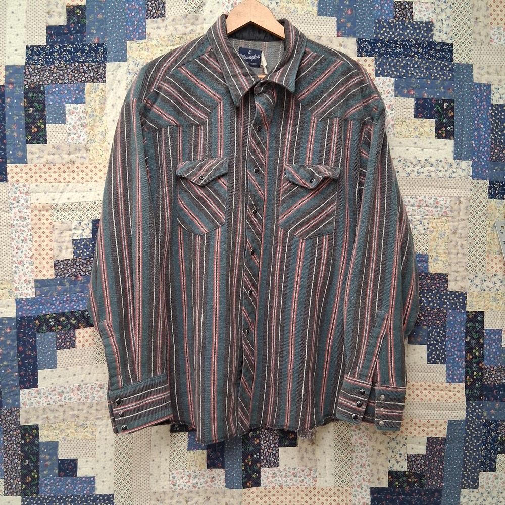 Vintage Wrangler Heavy Flannel Pearl Snap Western Shirt Size 3X Big Green Stripe
